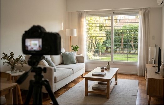 Cámara sobre trípode fotografiando el living de una propiedad