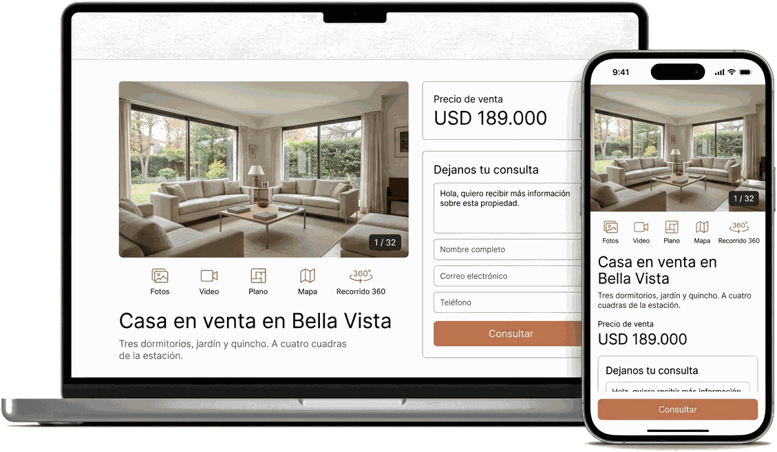 Publicación de una propiedad con fotos, video, plano y recorrido 360, vista en computadora y en celular