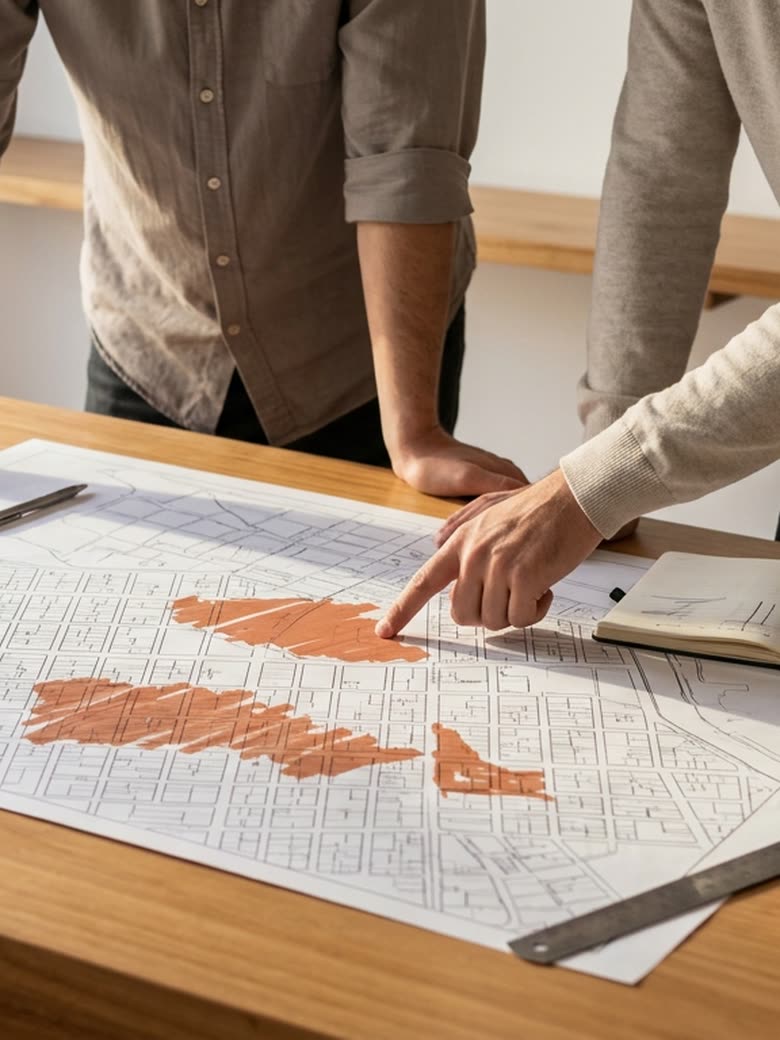 Dos personas marcando zonas sobre un plano de la ciudad