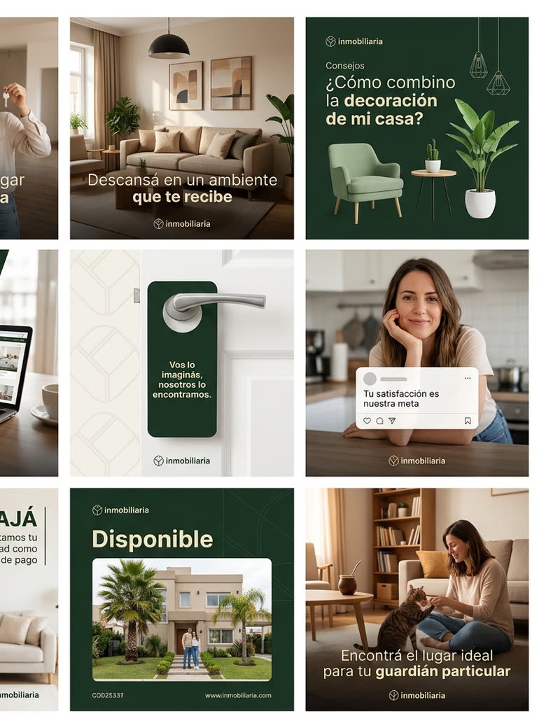 Grilla de publicaciones de una inmobiliaria en redes, todas con la misma identidad