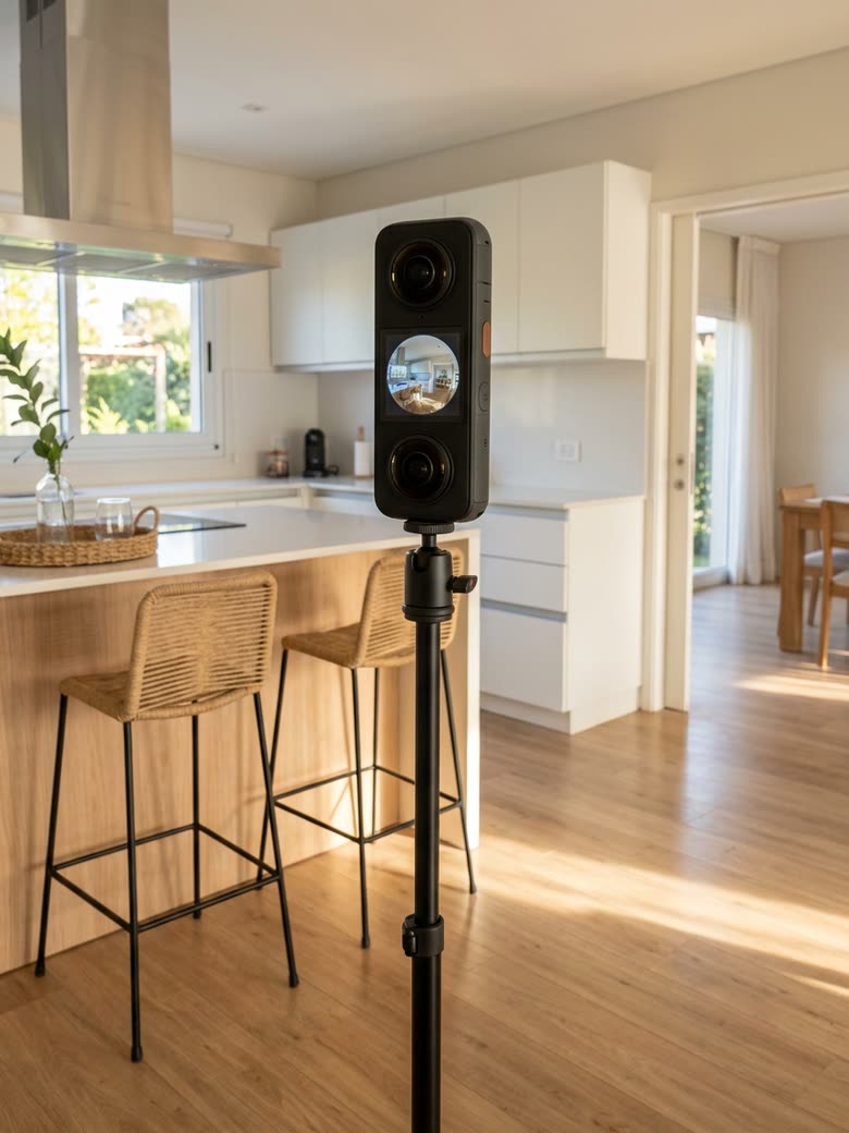 Cámara 360 sobre trípode grabando la cocina de una casa